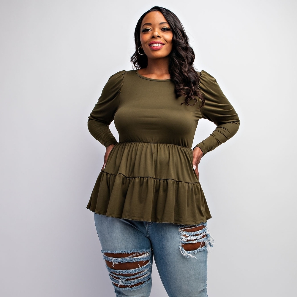 Plus Olive Green Long Sleeve Tiered Knit Blouse